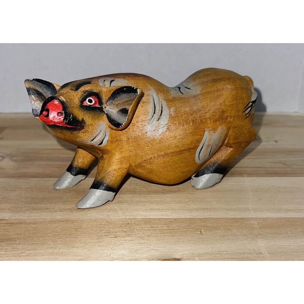 Vintage Hand Carved & Painted Wooden Pig Folk Art 5”